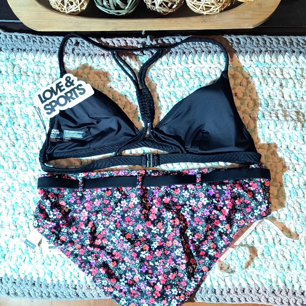 NWT Black & Floral 2 piece Bathing Suit - Picture 2 of 8